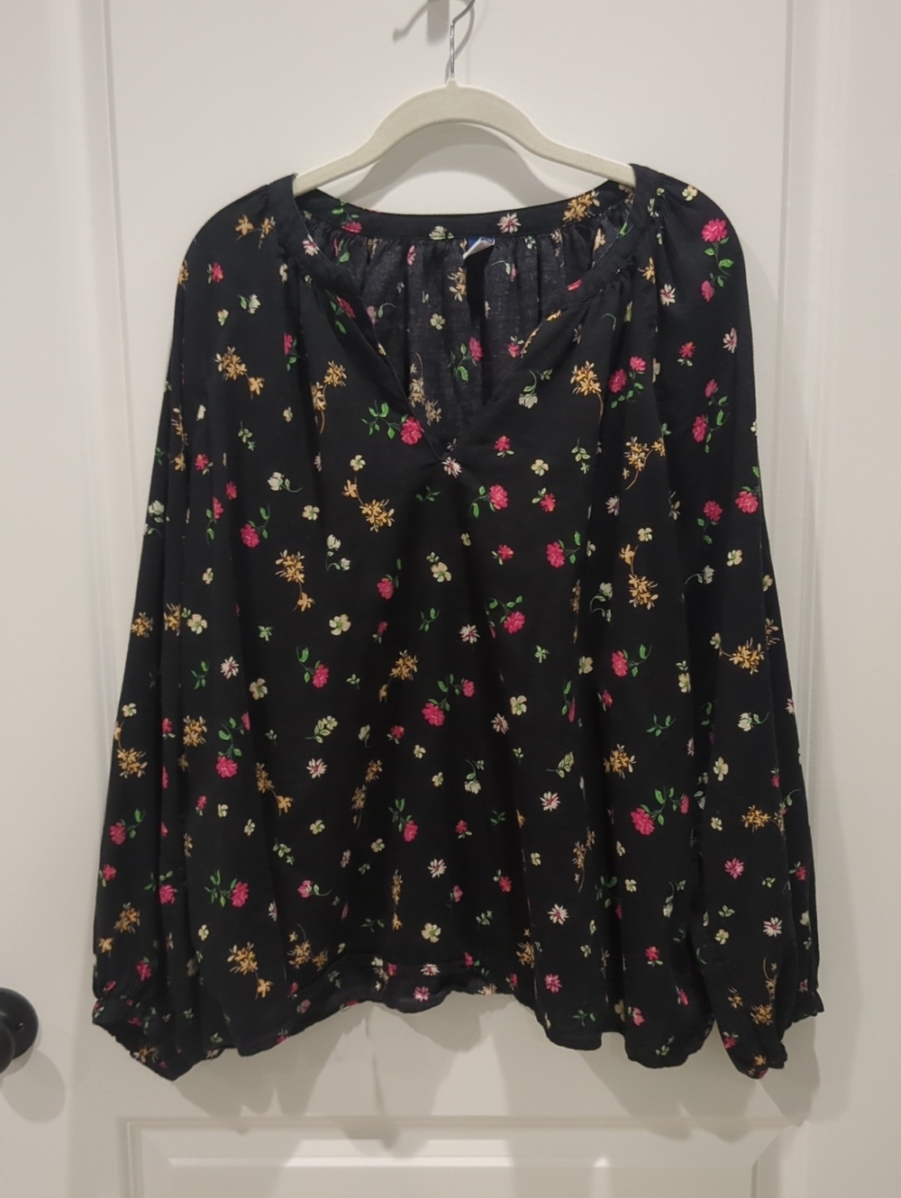 Old Navy Black Floral Peasant Blouse with Long Sleeves